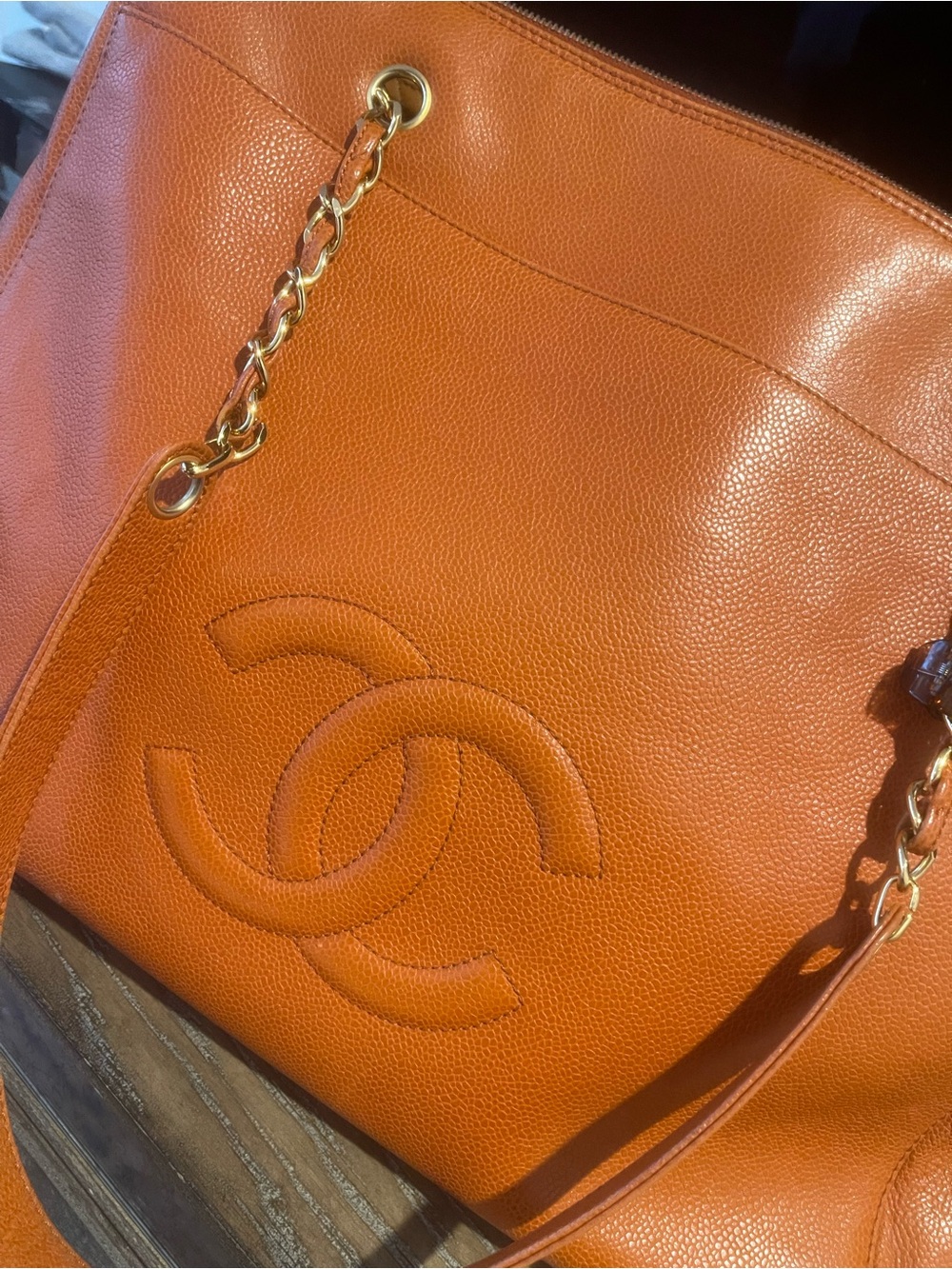 CHANEL Orange Leather Double-C Tote with Gold Chain Straps